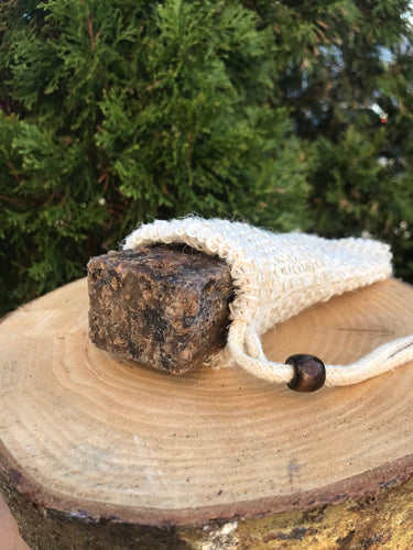 Sisal Pouch, soap pouch, sisal soap pouch, African black soap, wooden platform 